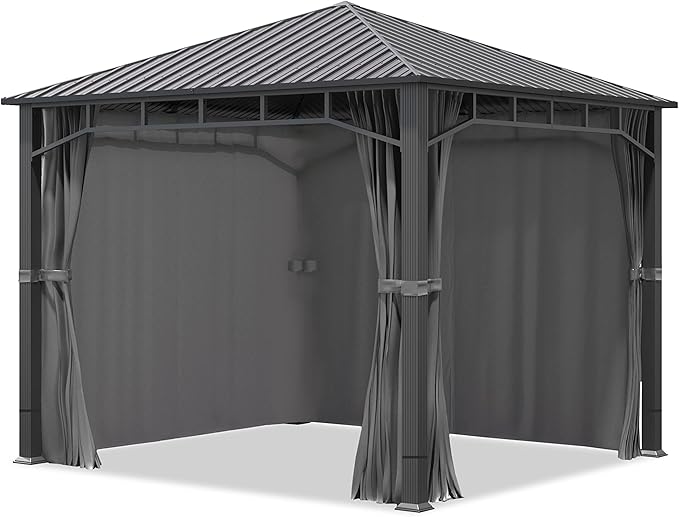 TOOLPORT Hardtop Gazebo 10x10 ft with Steel Roof - 4 Side Panels in Gray - Approx. 3.54x3.54 in Aluminium Poles