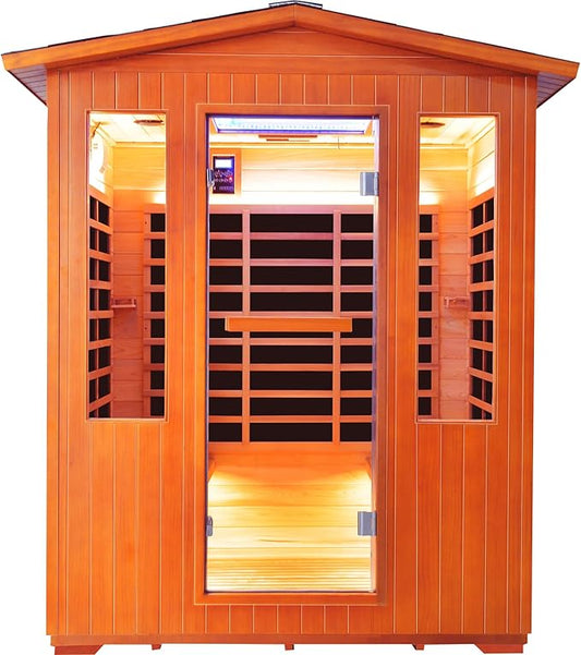 4 Person Outdoor Sauna Far Infrared Saunas Dry Sauna Room Wood Wooden Sauna Outdoor and Red Cedar Low EMF 2600W/240V with Oxygen Bar, 7 Color Light, Control Panel, Speaker - 62.2 * 46.9 * 81.9 in