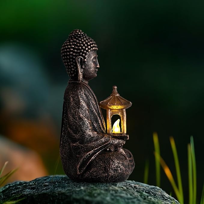 Buddha Garden Statue with Solar Light, Resin Zen Decor for Outdoor Patio or Indoor Meditation, Spiritual Gift for Women and Friends (Copper Pavilion)