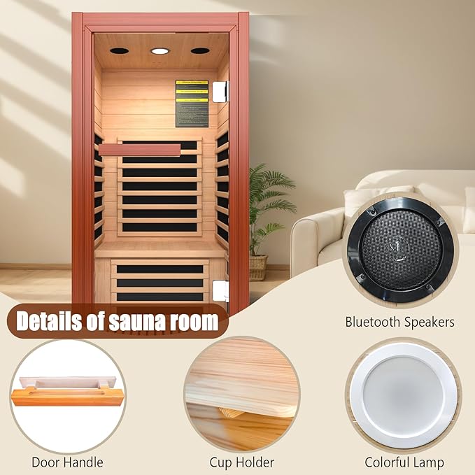 Far Infrared Sauna for Home 1 Person Indoor Wood Sauna Personal Spa Room 120V with Red Light Bluetooth Speakers 31.5"x31.5"x63"