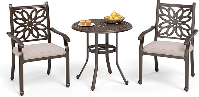 MFSTUDIO Cast Aluminum Patio Dining Set of 2, Retro Design Outdoor Table and Chairs Set with 2×Fixed Chairs and 1×Round Outdoor Table, 3 Piece Patio Set for Backyard Garden