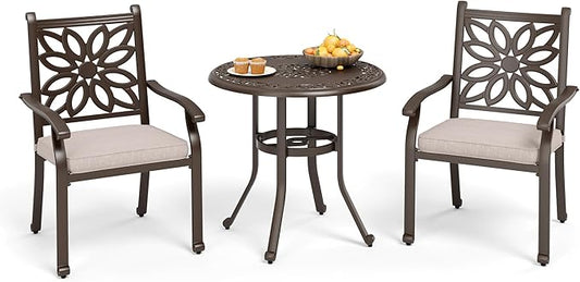 MFSTUDIO Cast Aluminum Patio Dining Set of 2, Retro Design Outdoor Table and Chairs Set with 2×Fixed Chairs and 1×Round Outdoor Table, 3 Piece Patio Set for Backyard Garden
