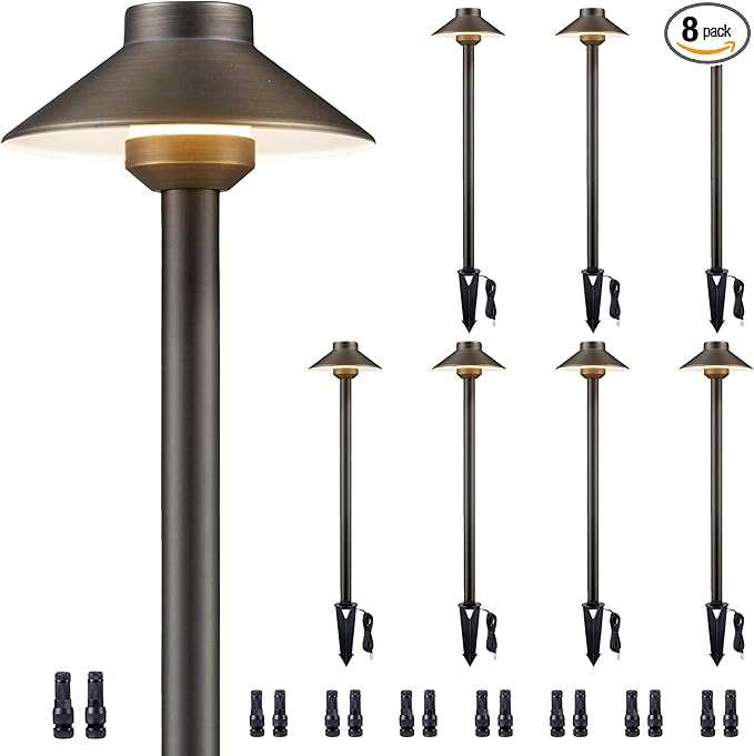 Gardenreet Brass Low Voltage Path Lights - 12V Landscaping Pathway Lamp IP65 Waterproof, Wired Walkway Lighting Outdoor, LED Mushroom-top Bronze for Lawn Backyard Garden G4 Bulb Not Included (8 Pack)