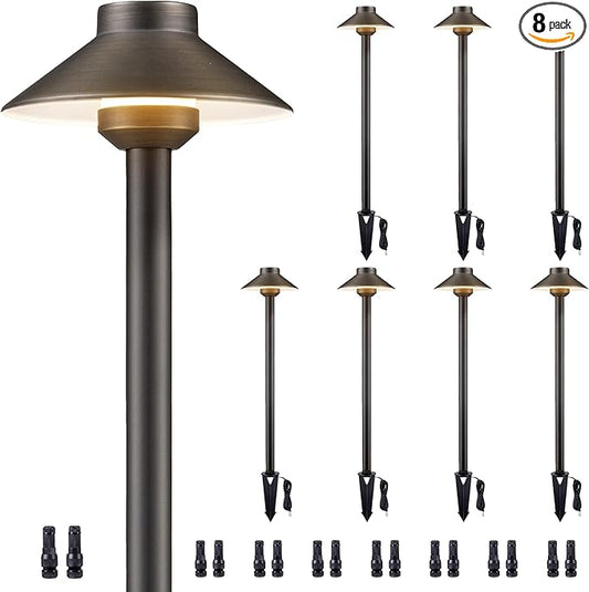 Gardenreet Brass Low Voltage Path Lights - 12V Landscaping Pathway Lamp IP65 Waterproof, Wired Walkway Lighting Outdoor, LED Mushroom-top Bronze for Lawn Backyard Garden G4 Bulb Not Included (8 Pack)