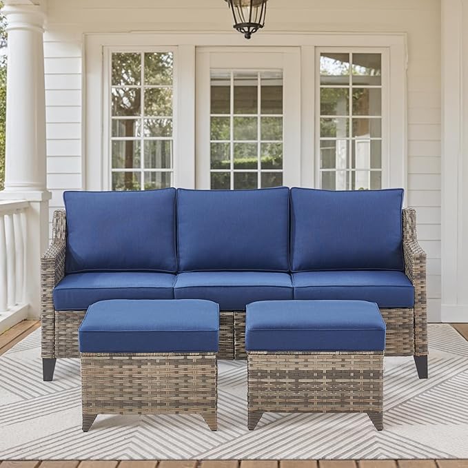 Patio Bistro Set, 3 Piece Outdoor Patio Furniture with 3-Seat Patio Wicker Sofa, Ottomans and Comfy Cushions, Rattan Wicker Conversation Set with High Back, Conversation Sets for Patio