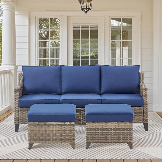 Patio Bistro Set, 3 Piece Outdoor Patio Furniture with 3-Seat Patio Wicker Sofa, Ottomans and Comfy Cushions, Rattan Wicker Conversation Set with High Back, Conversation Sets for Patio