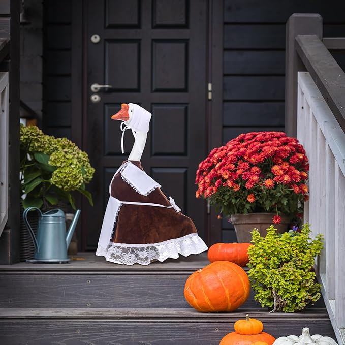 Fall Pilgrim Goose Outfit Autumn Dresses Clothes for 23" High Cement or Plastic Porch Goose Costume for Yard Lawn Outdoor Garden Patio Statue Thanksgiving Day Xmas Holiday Decor
