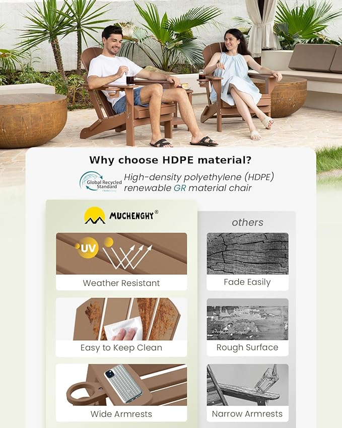 MUCHENGHY Folding Adirondack Chairs and Table Set, Outdoor Chair, Adirondack Chair Plastic, Fire Pit Chair, Weather Resistant with Cup Holder for Deck, Backyard, Garden(Teak, 3-Piece)