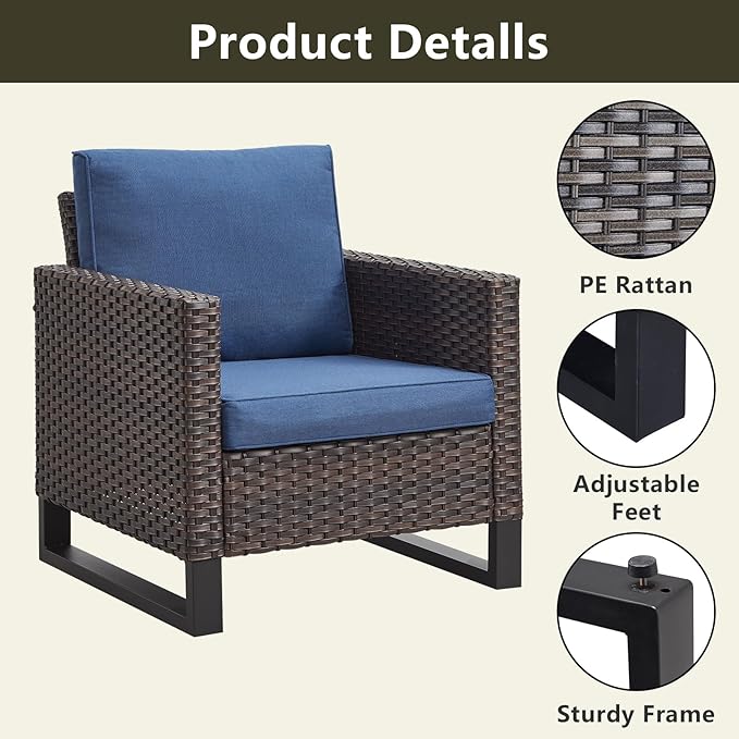 Rilyson Wicker Outdoor Patio Chairs Set - 3 Piece Rattan Patio Furniture Bistro Chairs Set with Waterproof Wicker,Comfortable Cushions and Sturdy Metal Frame for Porch Deck Backyard(Brown/Blue)