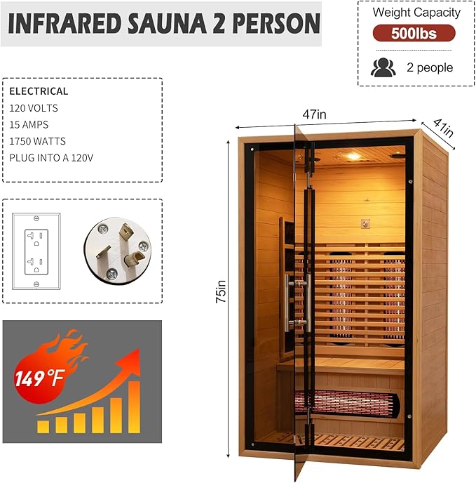 Far Infrared Wooden Sauna 2 Person, Canadian Hemlock Sauna, 120V, 1750 W, 8 Heating Element, 7 Color Light, Oxygen Bar(100-149 ℉) Fast Delivery