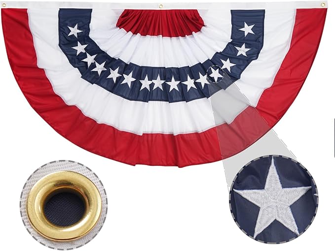 ROTERDON American Flags Bunting 1.5x3 FT, 4th of July Decorations Outdoor, Red White and Blue Buntings Decorations, USA Patriotic Half Fan Bunting Flag with Embroidered Stars