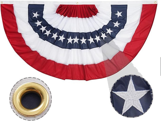 ROTERDON American Flags Bunting 1.5x3 FT, 4th of July Decorations Outdoor, Red White and Blue Buntings Decorations, USA Patriotic Half Fan Bunting Flag with Embroidered Stars