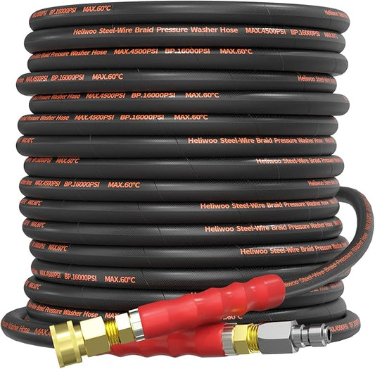 5/16" Pressure Washer Hose 75 FT×3/8 Inch 4500psi for Cold and Hot Water Max 140°F With 3/8 Inch Quick Connect Kink Resistant High Tensile Wire Braided