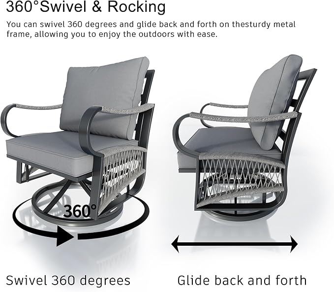 10 Pieces Patio Conversation Sets, All Weather Metal Outdoor Furniture Set, 3-Seater, 4 Swivel Rockers, 2 Single Chairs, 2 Side Tables, 1 Fire Pit Table for Backyard Garden Deck Porch Poolside, Gray