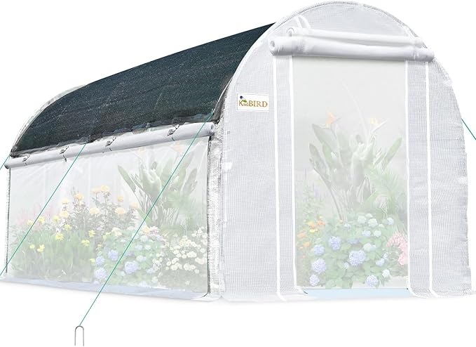 KING BIRD Premium 15x6.6x6.6FT Greenhouse for Outdoors, Large Walk-in Heavy Duty Galvanized Steel Frame, Mesh Door Screen Window Tunnel Hoop Garden Plant Winter Hot House, Side Screen Mesh, White