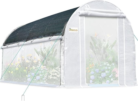 KING BIRD Premium 15x6.6x6.6FT Greenhouse for Outdoors, Large Walk-in Heavy Duty Galvanized Steel Frame, Mesh Door Screen Window Tunnel Hoop Garden Plant Winter Hot House, Side Screen Mesh, White