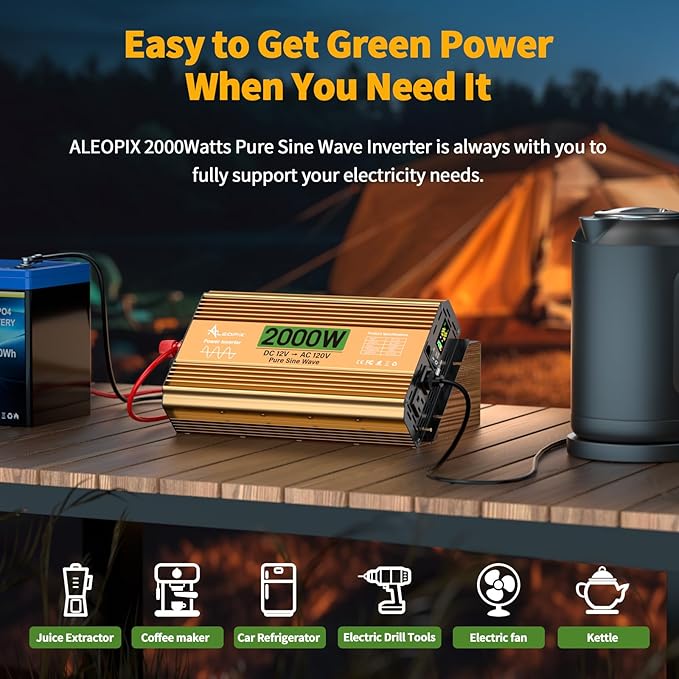 2000 Watt Inverter 12V DC to 110V/120V AC, Pure Sine Wave Inverter for Truck/RV/Home/Solar/Off-Grid, Surge 4000W Pure Sine Power with 2 AC Sockets, 5V 3.4A USB, Digital Display, Remote Controller