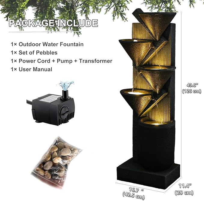 Water Fountain Outdoor 49.6“ Large Waterfall Fountain 5-Tier Indoor Floor Standing Water Fountains with LED Lights&Pump for Garden, Living Room, Patio, Home Decor with Natural Stones