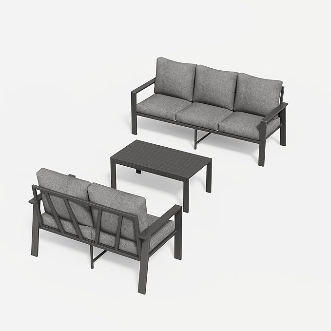 Aluminum Patio Furniture Set with Cushions 3-Piece Outdoor Sectional Metal Conversation Sofa Set with Coffee Table for Garden,Lawn,Backyard,Deck