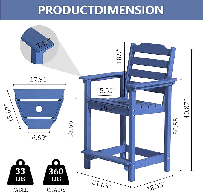 OTSUN Tall Adirondack Chairs Set of 4 with Connecting Tray, 24 inches HDPE Bar Height Outdoor Chairs, All Weather Resistant for Balcony, Porch, Kitchen (4 PCS, Navy Blue)