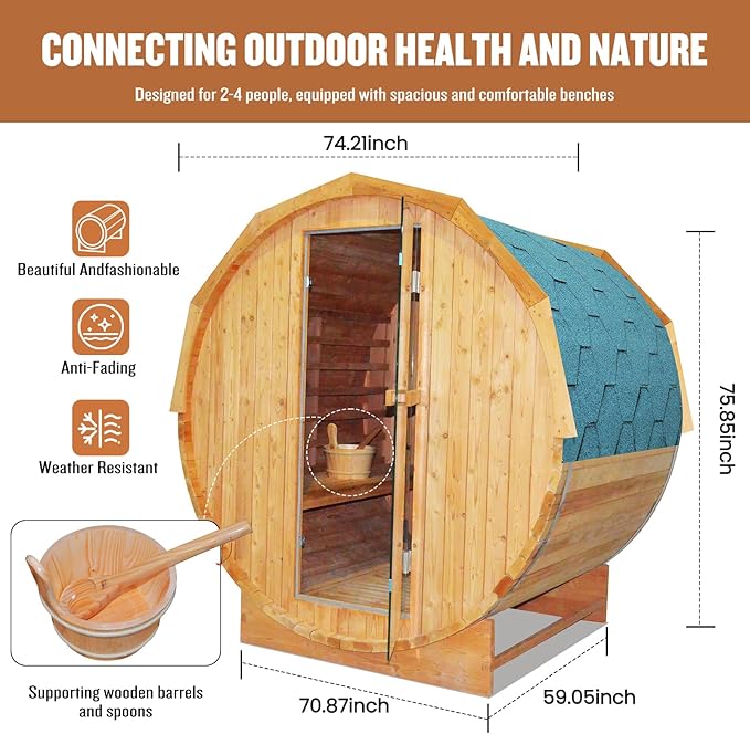 Outdoor Traditional Sauna 4-5 Person Wooden Saunas, 6’x6’Steam Wet Finnish Carbonized Spruce Wood Sauna 240V with 4.5KW Heater,Sauna Stone,Water Bucket,Ladle,LED Lights