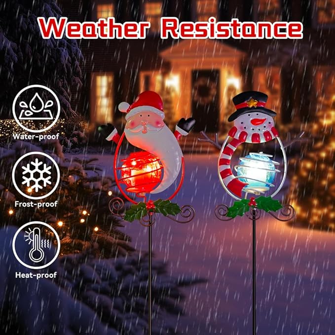 Christmas Solar Garden Lights Outdoor,2 Pack Xmas Santa Claus Snowman Solar Stake Lights,Christmas Decorations Outdoor Present for Yard Garden Patio Decor