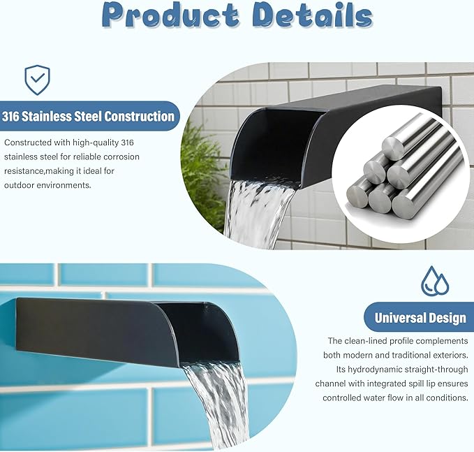 4x3 Inch Stainless Steel 316 Waterfall Spout for Pools Ponds Water Walls - Outdoor Fountain Spillway with Straight Flow Design & Built-in Lip (Black)