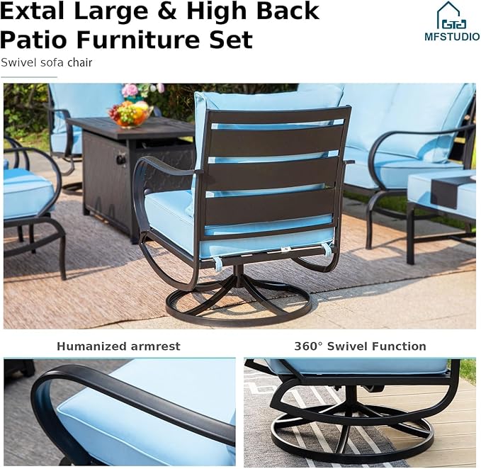 MFSTUDIO 6 Pieces Metal Patio Furniture Sets, 2 Swivel Chairs, 3-Seat Loveseat Sofa, 2 Patio Chairs & 1 Marbling Coffee Table, All Weather 7 Seats Outdoor Conversation Set for Garden Backyard, Blue