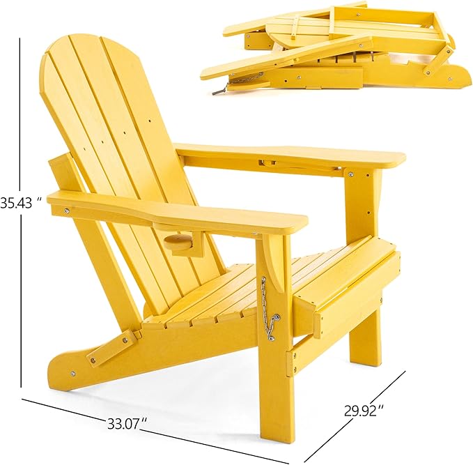 Folding Adirondack Chair, HDPE Outdoor Texture Lawn Chair with Reclining Back, Cup and Phone Holder - Comfortable Firepit Chair Weather Resistant for Patio or Backyard (Yellow, Set of 1)
