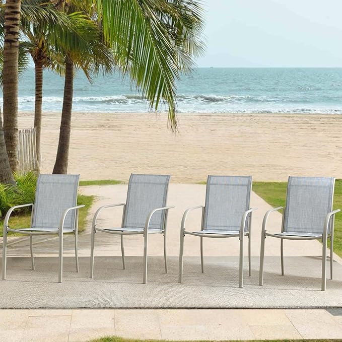 Outdoor Dining Chairs Set of 6, Stackable Patio Chairs with Textilene Fabric, Lightweight Garden Chairs for Poolside, Backyard, Camping, Beige
