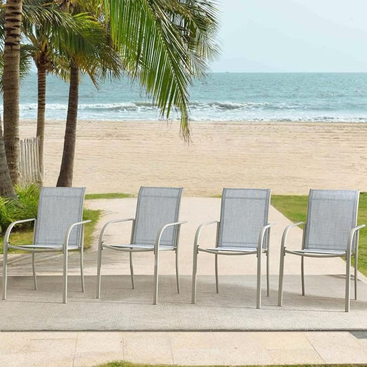 Outdoor Dining Chairs Set of 4, Stackable Patio Chairs with Textilene Fabric, Lightweight Garden Chairs for Poolside, Backyard, Camping, Beige