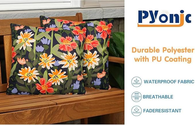 Pyonic Outdoor Pillows Waterproof Cover Pack of 2 Floral Waterproof Throw Pillows 18x18 inch for Patio Furniture Garden Furniture