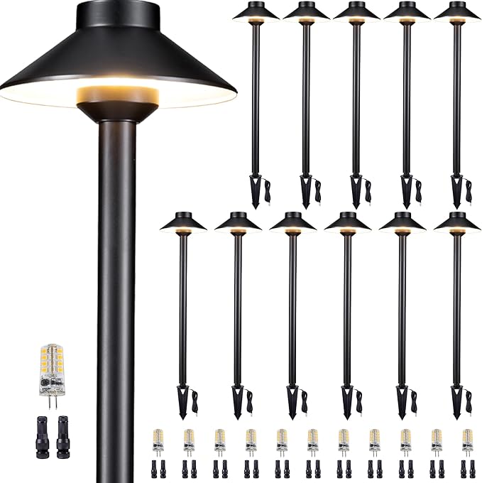 Gardenreet Low Voltage Landscape Path Light, Solid Brass Pathway Light IP65 Waterproof, Hat Shaped 12V Wired, Black LED for Walkway Garden with 3W 270LM 5000K Daylight G4 Bulb (12 Pack)