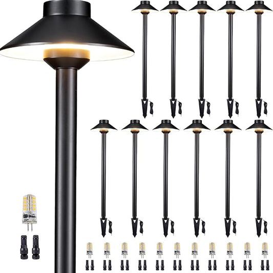 Gardenreet Low Voltage Landscape Sidewalk Lighting, Solid Brass Pathlights, LED Driveway Warm Light Waterproof, Hat Shaped 12V Wired Black for Walkway Garden with 3W 270LM 3000K G4 Bulb (12 Pack)