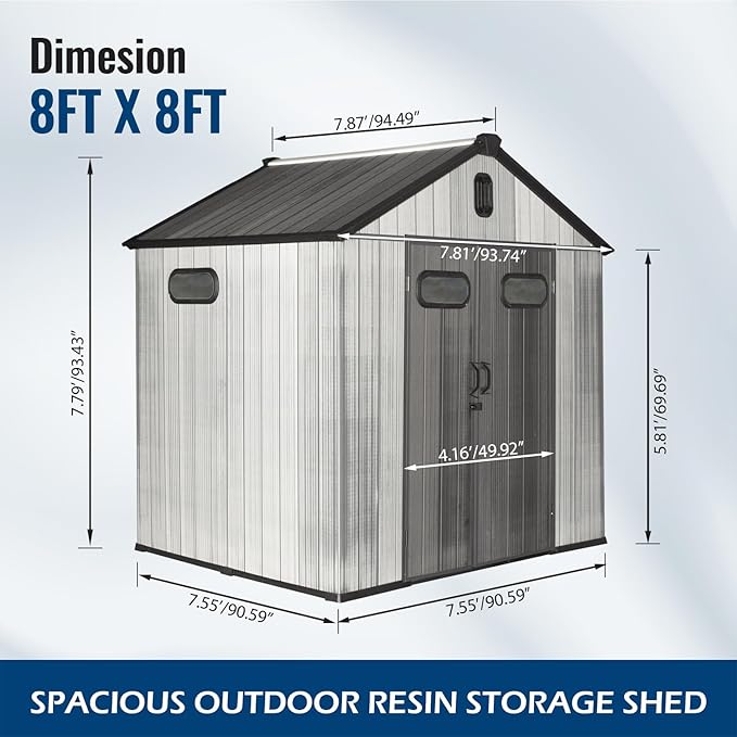 Domi 8×8ft Outdoor Resin Storage Shed - 387+ Cubic Ft Weatherproof Double-Wall Yard Shed with Skylight, Lockable Door and Carpet, Heavy-Duty Steel Frame Storage Building for Lawn Mower, Bike, Tools
