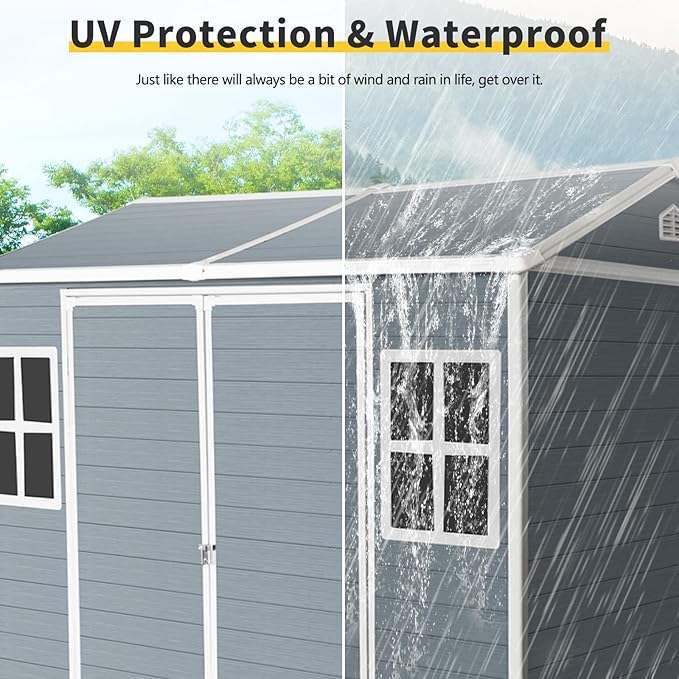 6x8ft Resin Outdoor Storage Shed with Floor, Two Windows & Lockable Door – Durable Weather-Shed for Backyard, Patio, Garage (Grey) (1 Doors)