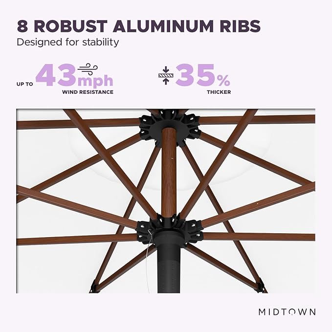 Midtown Umbrellas The Wooden 8 Feet Patio Umbrella With Terylast Ivory (White) Polyester Fabric - Aluminum Frame Market Umbrella For Backyard, Deck, Garden, Pool - Wooden Pole