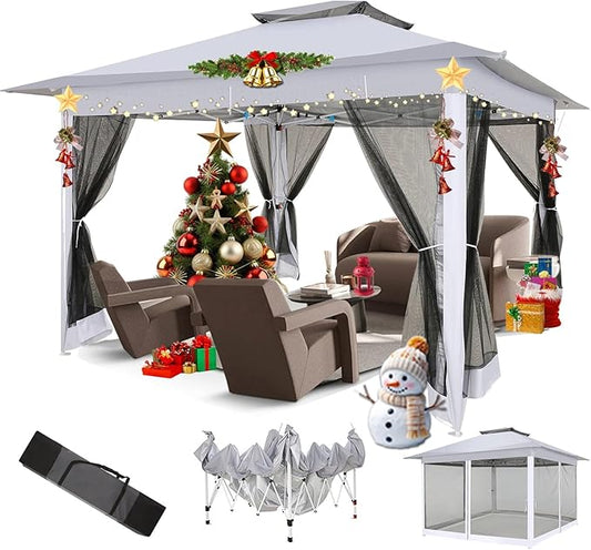 COBIZI 12x12 Pop Up Gazebo On Clearance - Upgrade Easy Up Metal Outdoor Canopy Waterproof - Portable Gazebo with Mosquito Nettings, 4 Ropes 8 Stakes and Carry Bag for Patio Garden(Light Gray)