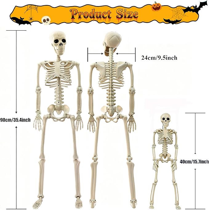 Skeleton Halloween Decorations Outdoor Indoor - 2Pcs 36" 1Pcs 16" Posable Plastic Skeleton, Movable Joints Full Body Bones,Funny Halloween Decor for Party,Porch,Haunted House,Yard, Garden,Graveyard
