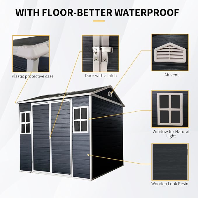 Outdoor Storage Shed with Two-Window and Double-Door, Resin Storage Shed with Lockable Door, Plastic Shed with Floor for Gargen, Patio, Yard, Lawn (Black, 8 x 6 FT)
