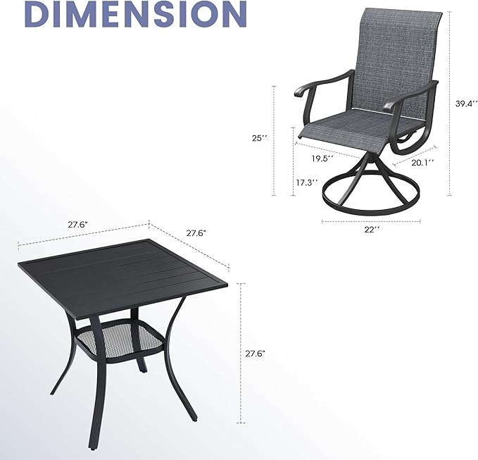 VICLLAX 3 Pieces Outdoor Dining Set, Patio Furniture Set of 2 Patio Swivel Dining Chairs and Small Dining Table with Storage Shelf, Dark Charcoal Chairs & Black Tabletop