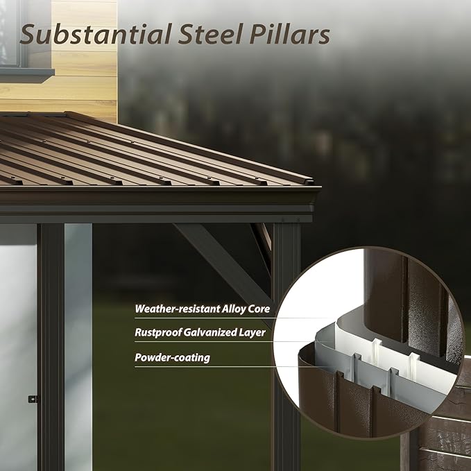 Domi 10'x14' Hardtop Wall Mounted Gazebo, Expandable Lean to Gazebo Pergola with Gutters & Galvanized Steel Roof, 60MPH Wind Resistance Outdoor Heavy Duty Canopy Sun Shade for Patio, Backyard - Brown