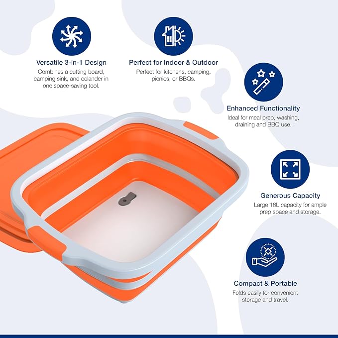 2-Pack XL Collapsible BBQ Prep Tub with Built-In Cutting Board, Lid & Strainer – Marinate, Drain & Prep – Large Food-Safe Container – Perfect for Grilling, Smoking & Outdoor Cooking