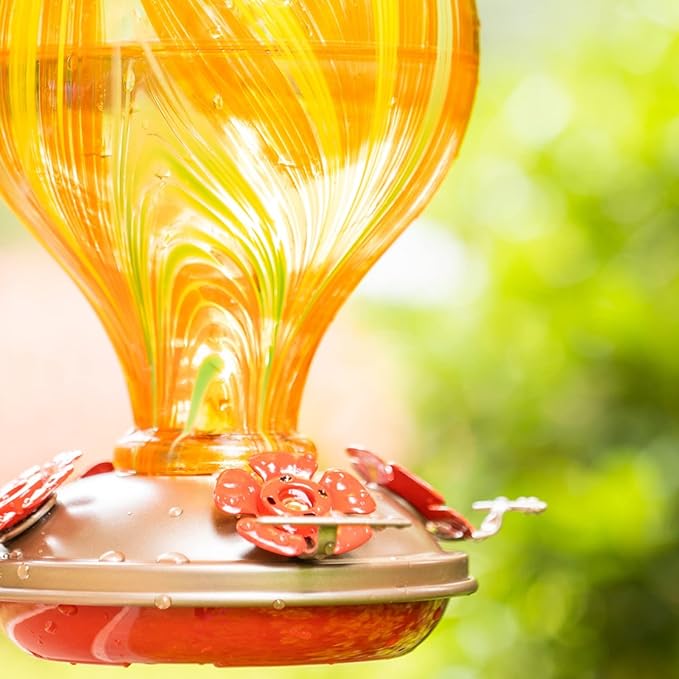 Muse Garden Hummingbird Feeders for Outdoors Hanging, Blown Glass Hummingbird Feeder, Unique Hummingbird Gifts for Women, Garden Backyard Decor, 32OZ, Orange Stripes