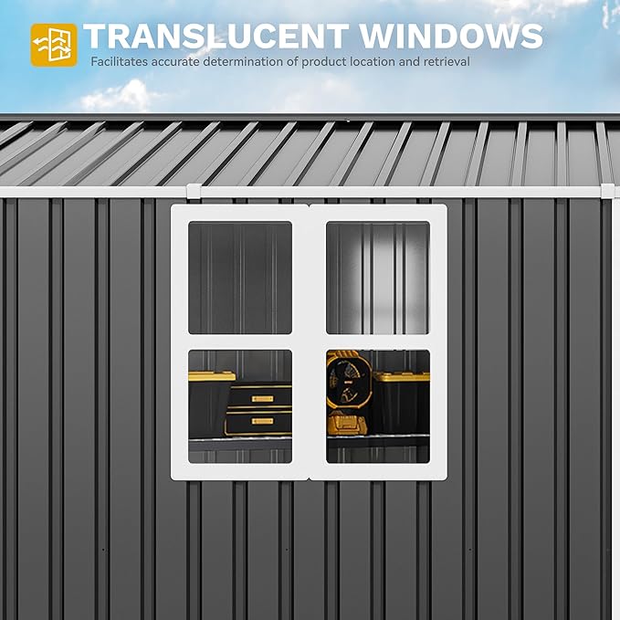 DWVO 12x8ft Metal Outdoor Storage Shed with Window, Lockable Tool Storage Sheds, Oversized Steel Garden Sheds with Sloped Roof for Backyard, Patio, Garage, Lawn, Gray & White