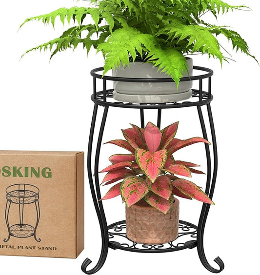 2 Tier Metal Plant Stand Indoor Outdoor , Rustproof Stable Plant Stands Multiple Plant Rack Holder Flower Pot Stand for Living Room Balcony Garden Patio Bedroom (Black, 19.5)