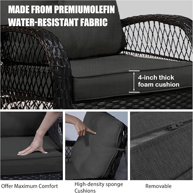 Patio Furniture Set Swivel Rocker, Outdoor Patio Chairs, 3 Piece Suit Porch Furniture Rocking Set, Backyard and Garden Rocker Rattan Chair, with Thickened Cushions and Glass Coffee Table(Grey)