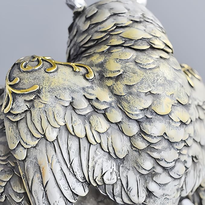 Resin Owl Statue with Spread Wings - Outdoor Garden, Patio, Office Decor Figurine: Family Parent & Two Baby Owls on Base (Grey-Black)