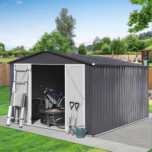 10x12 FT Metal Outdoor Storage Shed & Double Hinged Large Door - Heavy-Duty Shed with Floor, Lockable & Ventilation - Rainproof Windproof Large Utility Garden Shed for Backyard Patio Lawn-Dark Gray