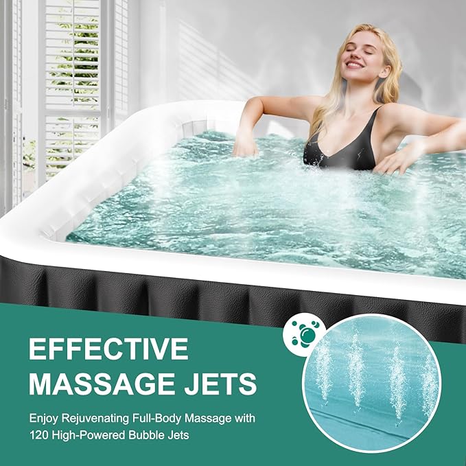 DoCred 2-4 Person Inflatable Hot Tub, 60" X 60" X 25" Square Portable Hot Tub with 120 Bubble Jets, Large Outdoor Spa Blow Up Bathtub Set with Heater Pump, Insulated Cover and Filter